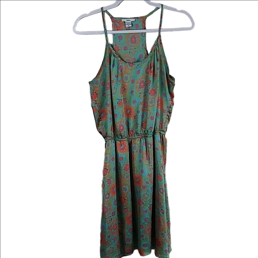 Bar III Green Orange Floral Scoop Neck Spaghetti Strap Racerback Mini Dress
